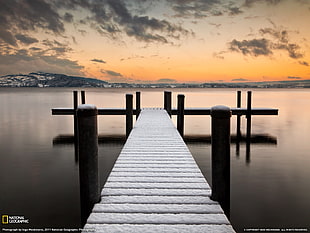black and white wooden table, National Geographic, pier, snow, lake HD wallpaper