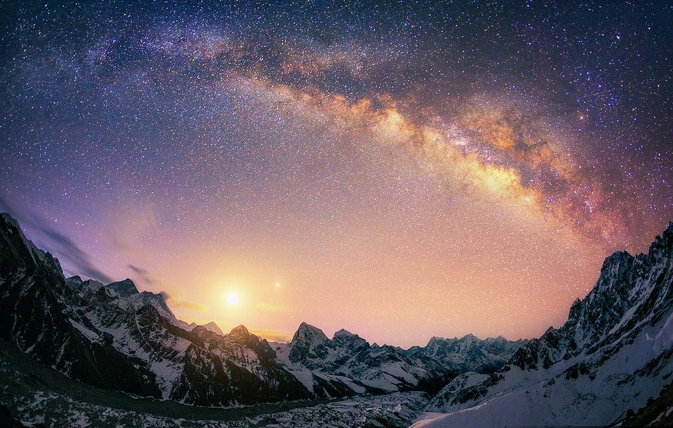 white mountain under starry night, landscape, nature, Milky Way, galaxy HD wallpaper
