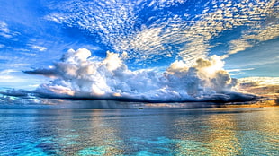 calm body of water under cloudy sky, landscape, sea, clouds, island