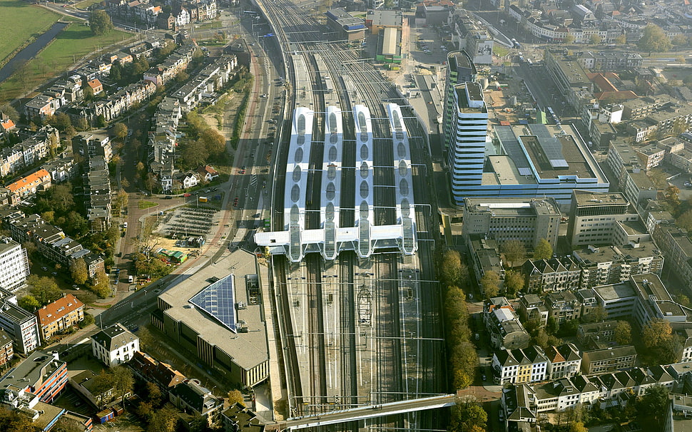 brown concrete building, train station, city, aerial view, Europe HD wallpaper