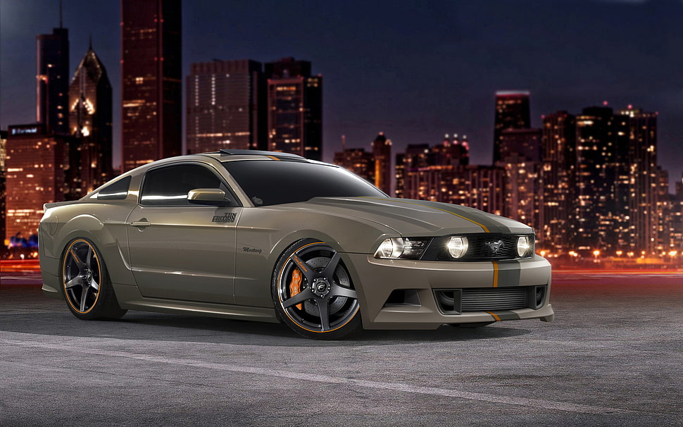 beige Ford Mustang coupe HD wallpaper