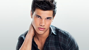 men's blue and white plaid dress shirt, Taylor Lautner HD wallpaper