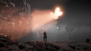 person standing near cave hole, Horizon: Zero Dawn, video games, PlayStation 4, science fiction