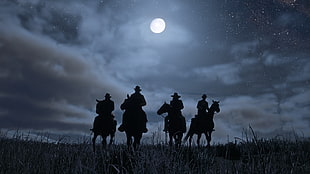 silhouette of four person riding horses, Red Dead Redemption 2, Rockstar Games, video games, Red Dead Redemption