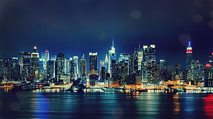 high-rise building city digital wallpaper, city, New York City, night