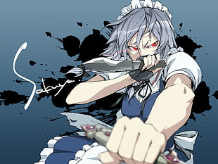 gray-haired red-eyed female anime character holding knife