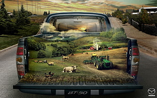 black Mazda BT-50 advertisement, car, painting, 3D, farm HD wallpaper