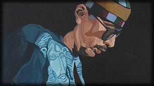 painting of man wearing black sunglasses brown and red cap and blue printed shirt