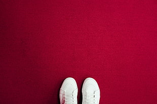 pair of white lace-up sneakers HD wallpaper