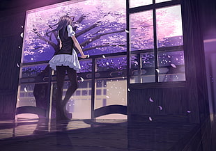 female anime character standing by railings with cherry blossom tree background