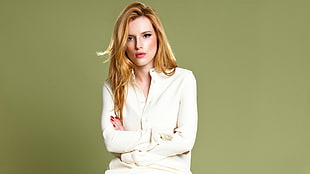 female wearing white button-up dress shirt HD wallpaper