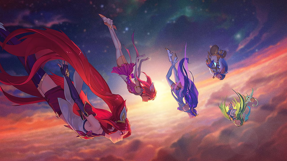 five female anime character falling from the sky HD wallpaper