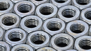 grey nut lot, screw, nuts, metal, thread