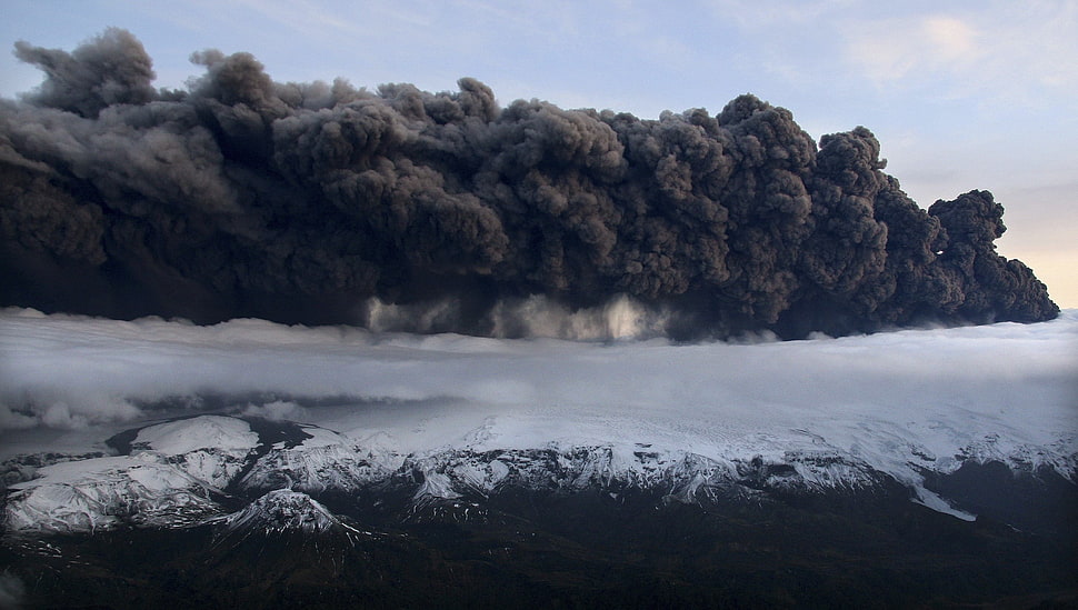 black smoke covered field, mountains, clouds, snow, volcano HD wallpaper