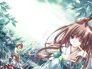 brown haired color female anime character digital wallpaper