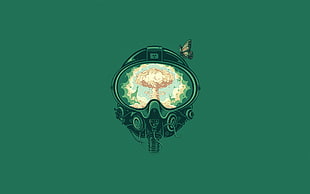 green scuba mask illustration, artwork, apocalyptic, minimalism, helmet