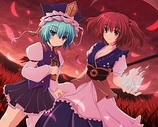 two female anime characters wearing purple-and-pink dresses poster