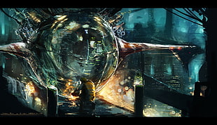 man welding round glass ball poster, artwork, concept art, spaceship, space