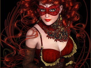 woman wearing red masquerade mask and sweetheart neckline top graphic artwork