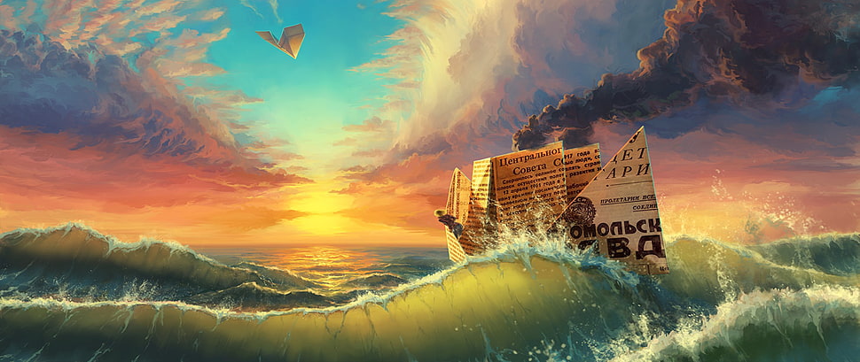 brown and white house near body of water painting, ultra-wide, fantasy art, waves HD wallpaper