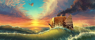 brown and white house near body of water painting, ultra-wide, fantasy art, waves