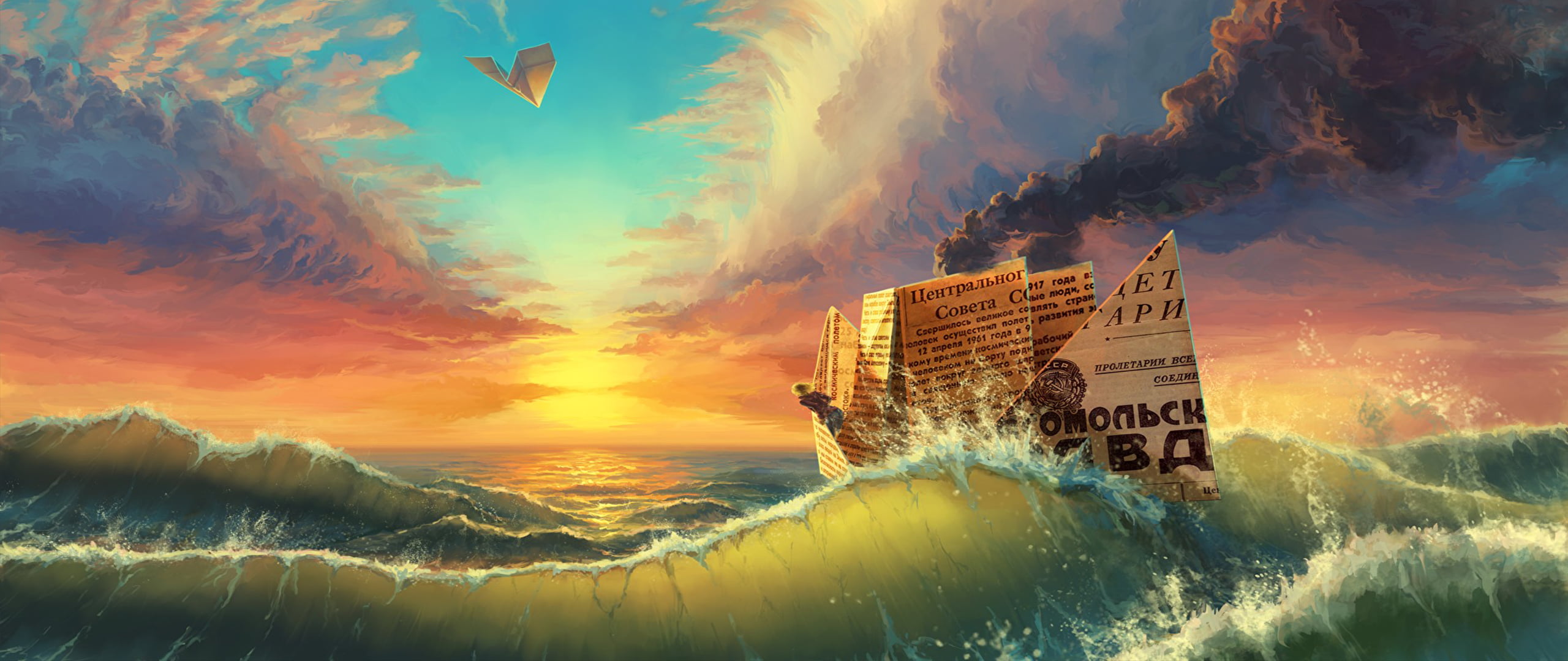 brown and white house near body of water painting, ultra-wide, fantasy art, waves