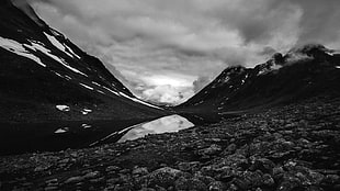 grayscale photography of mountain ], Norway, mountains, water, rock