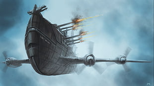 gray flying ship, propeller, airships, gun, dieselpunk