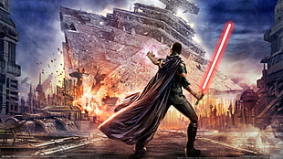 man holding light saber facing ship wallpaper, Star Wars