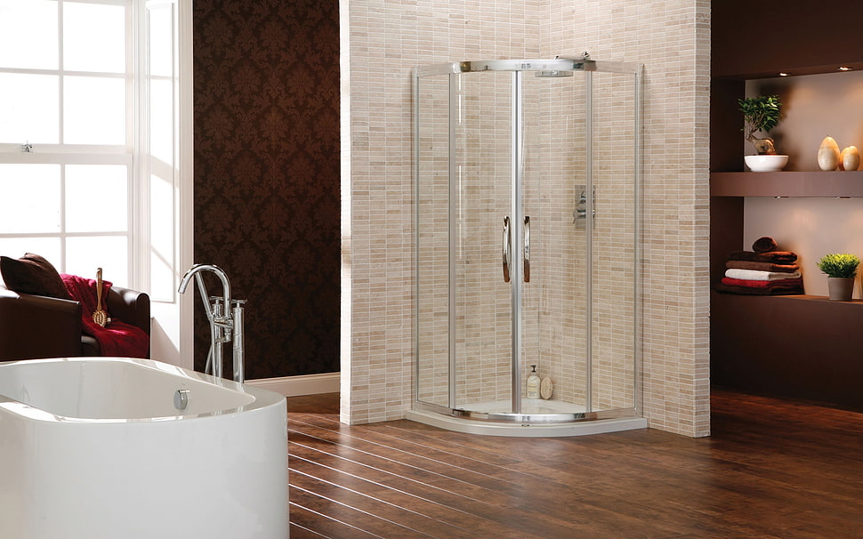 gray metal framed glass shower cubicle HD wallpaper