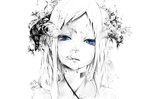 white and black anime illustration with blue eye