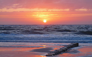 sunset over the horizon, landscape, nature, sunset, sea HD wallpaper