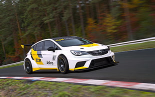 white and yellow sports car, Opel Astra TCR, car, race tracks, motion blur