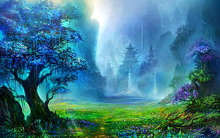 temple surrounded cliff with trees painting