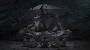 illustration of people sitting in front of rocks, science fiction, religion