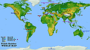 blue and green Tomb Raider world map, world map, Tomb Raider
