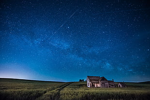 panoramic photography of house surrounded of grass and falling star HD wallpaper