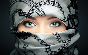 white and black niqab, green eyes, celebrity, eyes, closeup