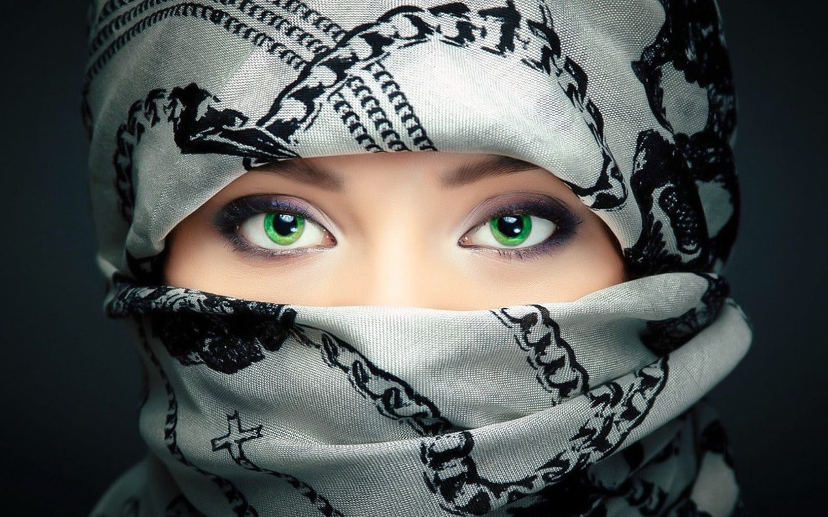 white and black niqab, green eyes, celebrity, eyes, closeup HD wallpaper.
