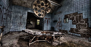 black and gray metal frame padded armchair, HDR, abandoned, Chernobyl, ruin