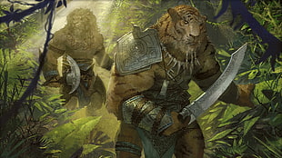 two tiger holding swords in grass painting, fantasy art, tiger, warrior, Magic: The Gathering
