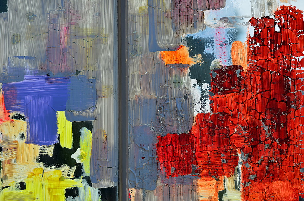 gray, blue, yellow, and red abstract painting HD wallpaper
