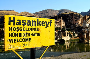 yellow and black hasankeyf sign, Hasankeyf, Turkey, natural light, landscape