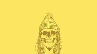 black skull with hat illustration, skull, minimalism, hat, yellow background HD wallpaper