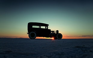 silhouette photography of vintage car on plain field during golden hour, old car, Hot Rod HD wallpaper