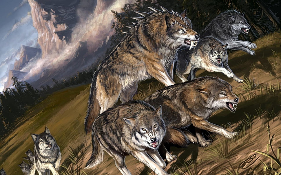 pack and wolves illustration HD wallpaper