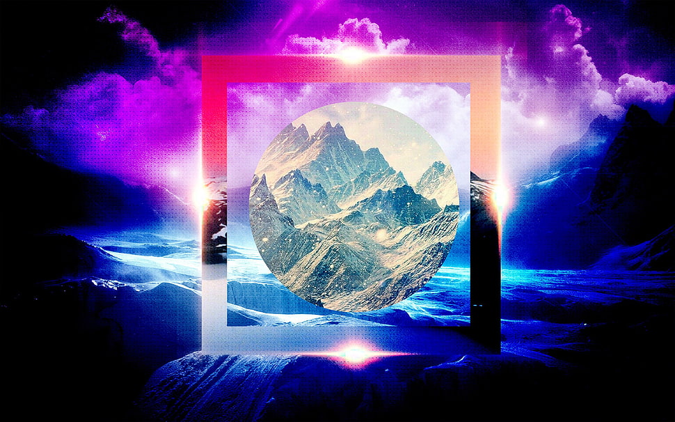 mountain illustration, circle, mountains, flares, square HD wallpaper