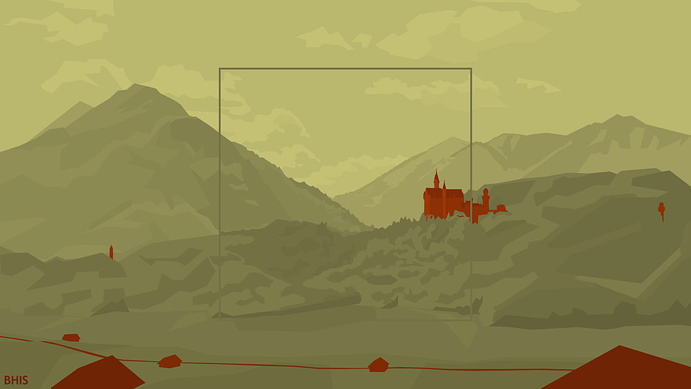 mountains illustration, minimalism, mountains, road, square HD wallpaper