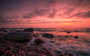 dancing waves and sunset, nature, sea HD wallpaper