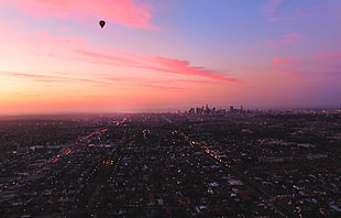 silhouette of hot air balloon, landscape, cityscape, aerial view, hot air balloons
